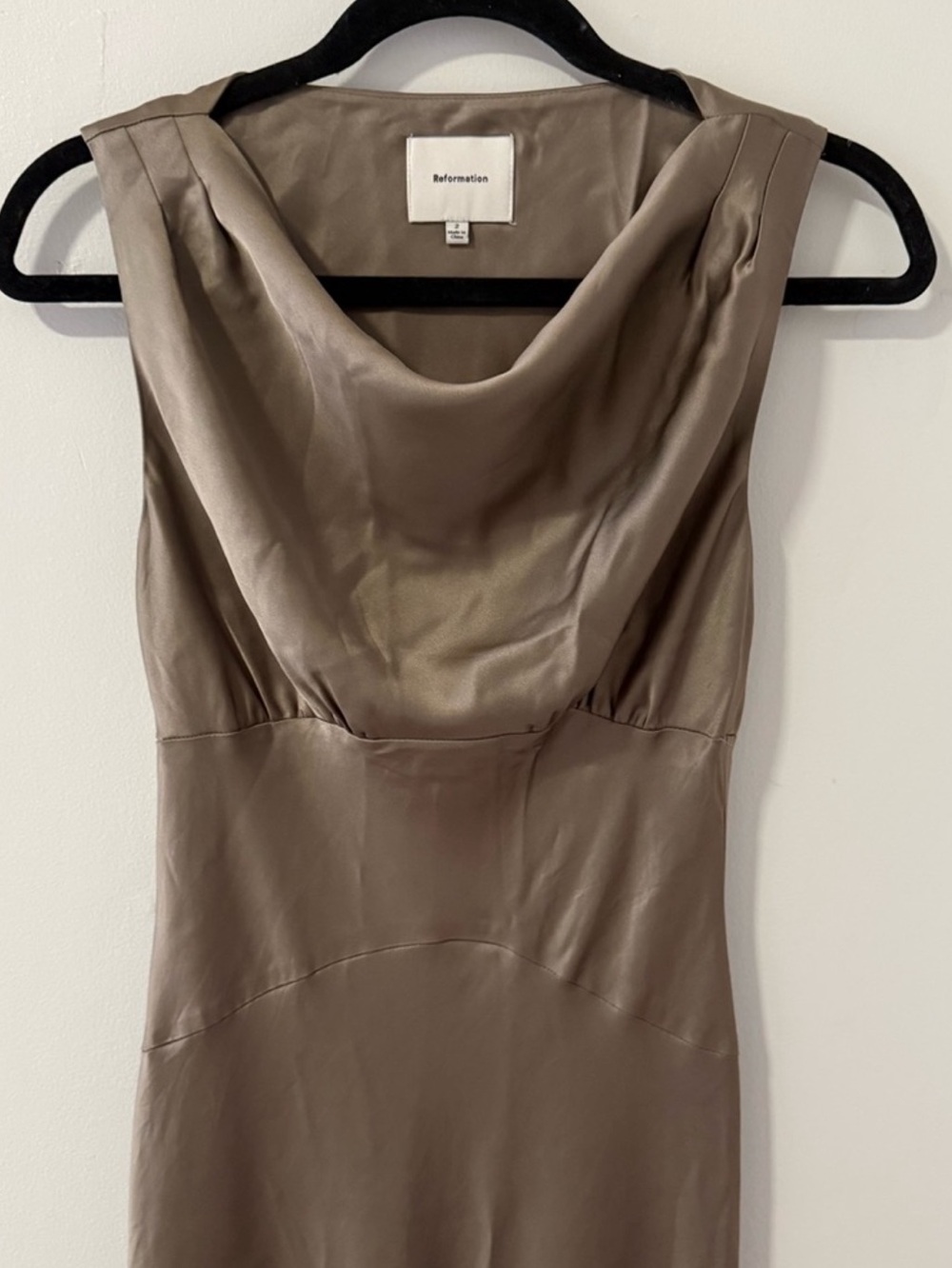 Reformation Dessa Satin Cowl Neck Dress- Taupe - Picture 4 of 5